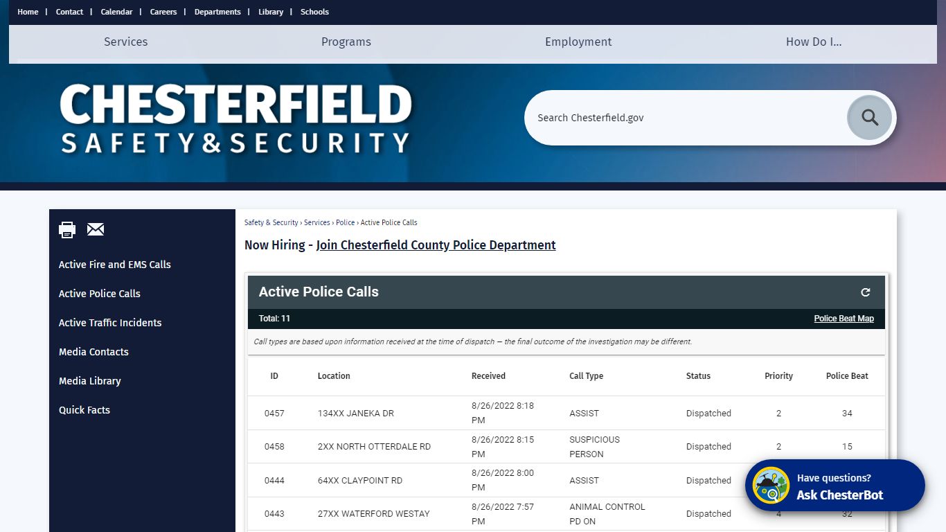 Active Police Calls | Chesterfield County, VA